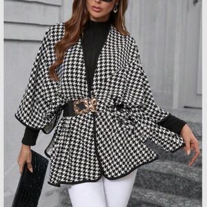 Luxe houndstooth cloak sleeve belted cap top